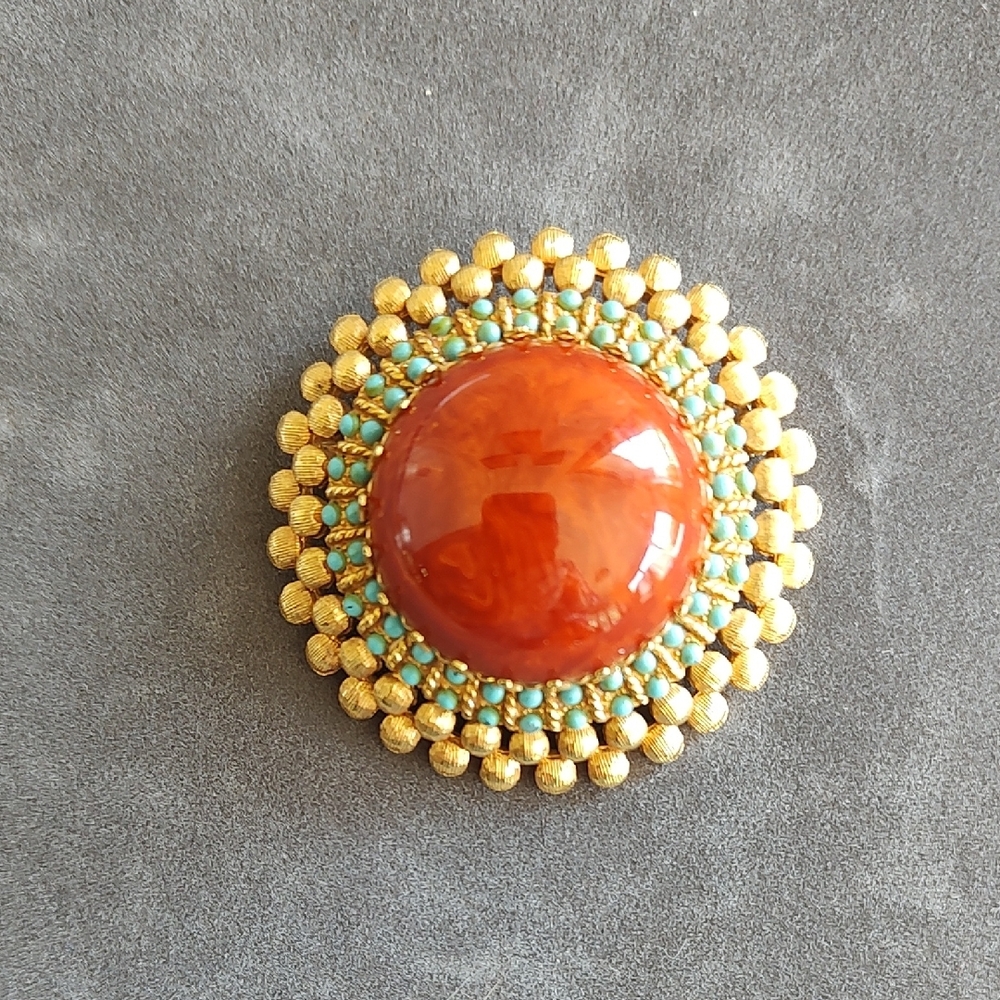 1950's Cadora Marbled Bakelite Turquoise Dome Gold Plated Brooch